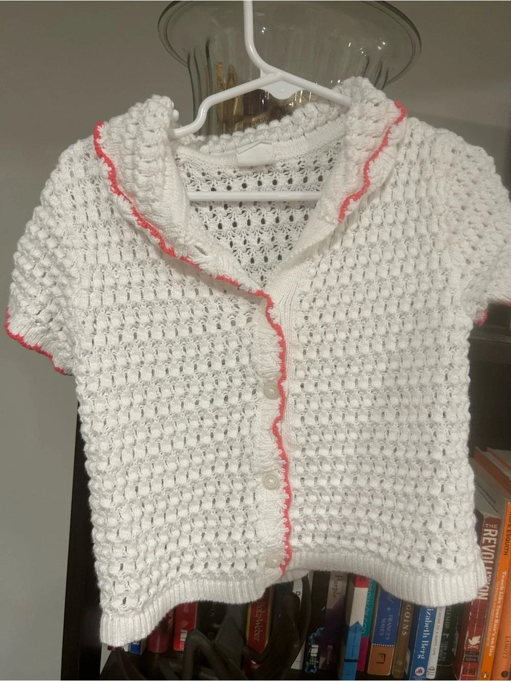 Girl’s White Knit Short-Sleeve crocheted top with Pink Trim